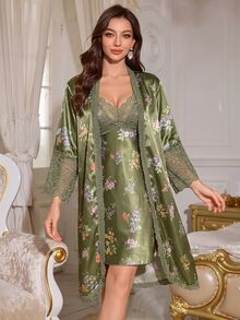LuxeNights Lace Patchwork Faux Silk Floral Print Camisole Dress And Robe Set - Dark Green - View 4
