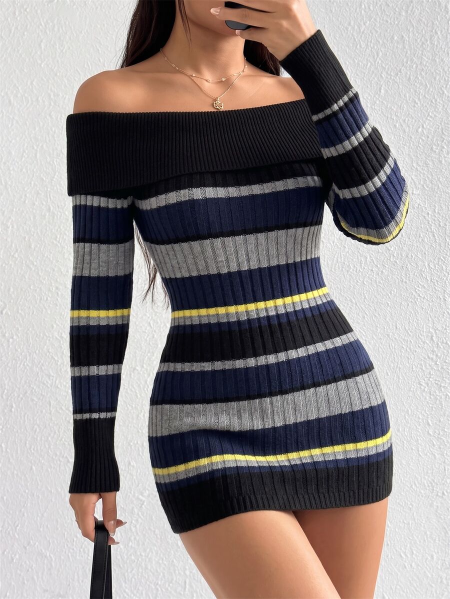 Jeanoix Women's Off-Shoulder Black And White Ribbed Ribbed Knit Bodycon Mini Dress, Long Sleeve Stretch Slim Fit Y2K Retro Sexy Short Night Out Club Autumn - Black - View 1