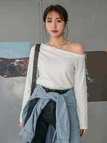 DAZY Autumn Casual Solid Color Asymmetric Collar T-Shirt - White - View 4