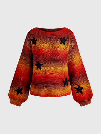 Maglione da donna stile hippie con motivo stella e luna, lavorato a maglia grossa con sfumatura Tintura a nodi