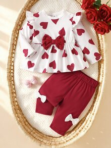 SHEIN 新生兒 2 件套，春/秋季，粉色溫柔風，愛心印花，蝴蝶結飛袖套頭上衣與蝴蝶結長褲，修身版型，適合外出、休閒、運動、聚會與派對 - 酒紅色 - 查看 8