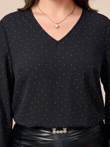 Reflora Plus Size Women's V-Neck Polka Dot Casual Versatile Daily Wear Blouse - Black - View 3