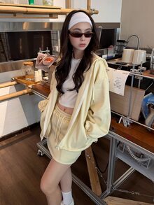 DAZY Women's Hooded Long Sleeve Spring/Summer Korean Style 2 Pieces Set Vacation - Beige - View 4