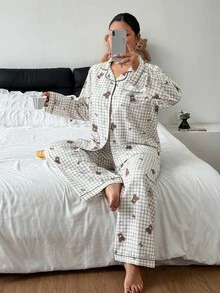 Napfluff CURVE Napfluff CURVE Bubble Crepe Plaid Star & Bear Print Lapel Cardigan Long Sleeve Pants Plus Size Pajama Set - Multicolor - View 6