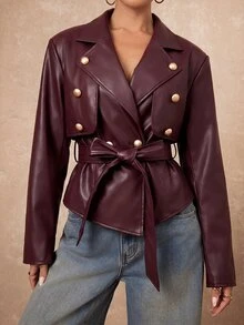 Lumalex Women's Solid-Color PU Leather Collared Long-Sleeve Double-Breasted Metal Buckle Belted Fashion Jacket Autumn Style Burgundy Grain Stylish Oversized - Burgundy - View 6