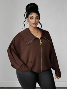 Maweii Jaket Wanita Ukuran Besar Model Batwing Lengan Panjang Warna Polos dengan Resleting - Coffee Brown - View 1