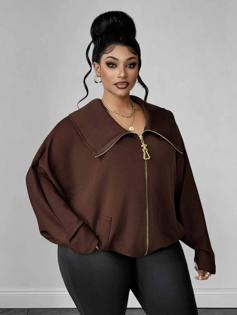 Maweii Jaket Wanita Ukuran Besar Model Batwing Lengan Panjang Warna Polos dengan Resleting - Coffee Brown - View 1