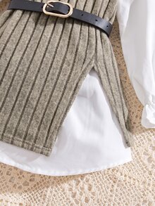 SHEIN Young Girls Autumn/Winter Cute Colorblock Faux Two-Piece White Long Sleeve Dress - 杏色 - 查看 6