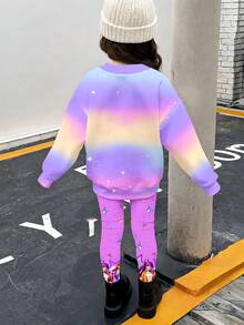 青少年女孩2件套，紫色繽紛紮染印花，星星與鑽石夢幻印花圖案，圓領休閒落肩衛衣與修身緊身褲 - 彩色 - 查看 3