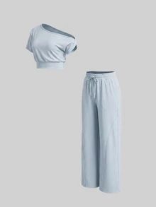 Sweetra Women's Solid Color Asymmetric Neck Top And Pants Casual Daily Sports Outfit - Baby Blue - View 3