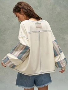 Bohemela Casual Loose Plaid Patchwork Women's Sweatshirt - Multicolor - View 7