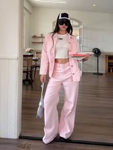 DAZY Women's Long Sleeve Single-Breasted Shirt And Long Pants Casual Denim Set Fall - Pink - View 1