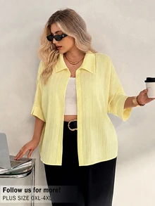 Auralis Plus Size Summer Casual Solid Color Batwing Sleeve Shirt - Light Yellow - View 1