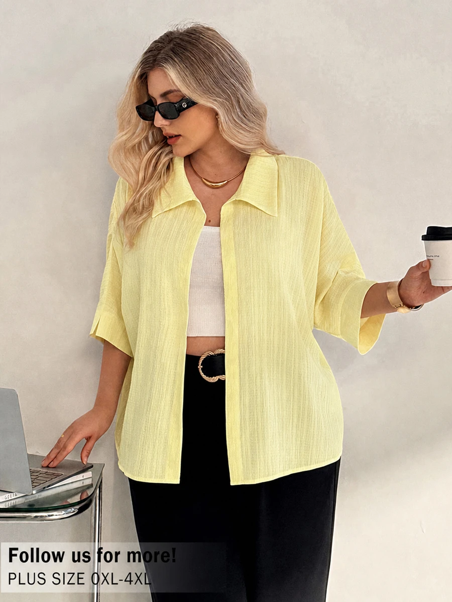 Auralis Plus Size Summer Casual Solid Color Batwing Sleeve Shirt - Light Yellow - View 1