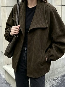 SHEIN PariChic 秋季服飾 深棕色大領寬鬆長袖百搭休閒夾克 通勤穿搭 外出穿搭 時尚上衣 辦公日常 - 軍綠色 - 查看 3