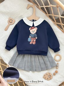 Cozy Pixies 女嬰可愛卡通復古熊灰色與白色格紋秋季校服復古字母圖案領口長袖洋裝套裝 - 彩色 - 查看 1