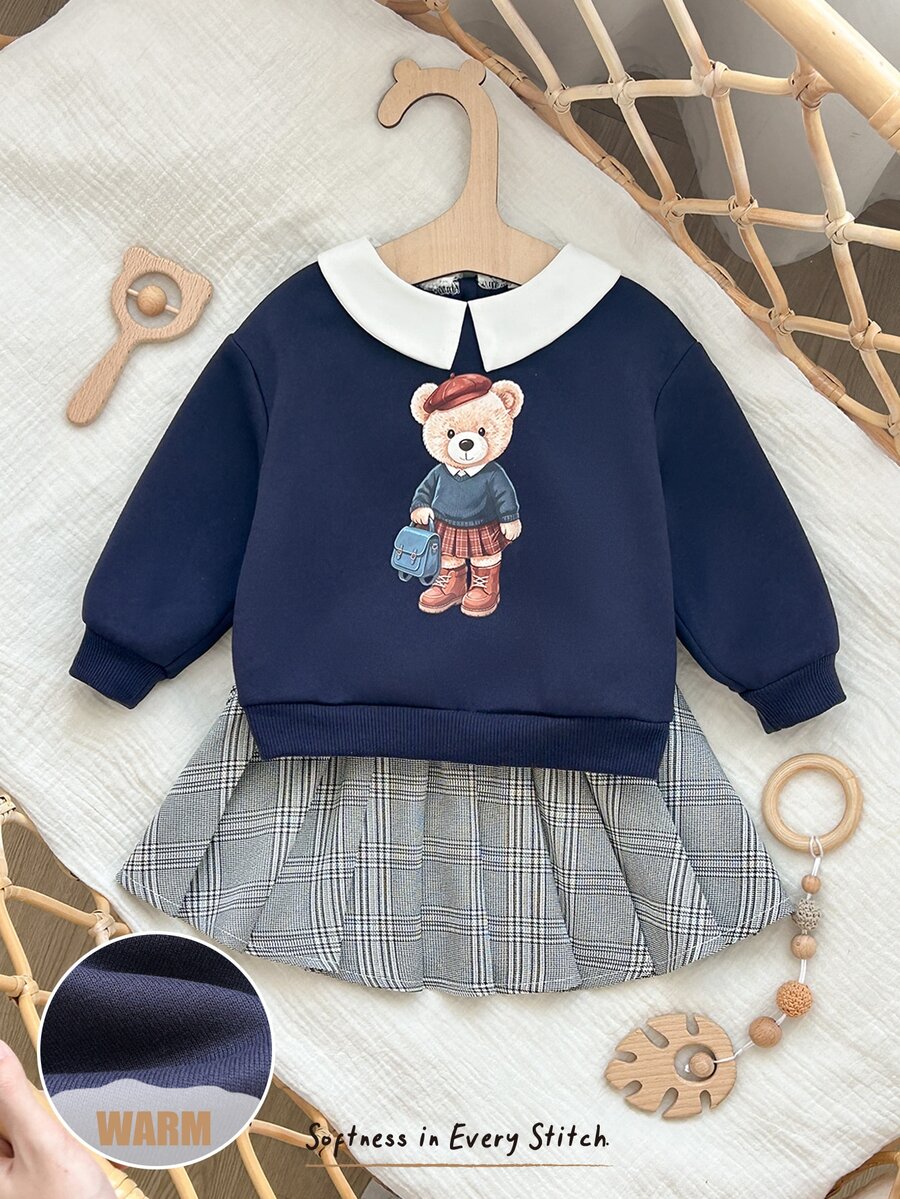 Cozy Pixies 女嬰可愛卡通復古熊灰色與白色格紋秋季校服復古字母圖案領口長袖洋裝套裝 - 彩色 - 查看 1