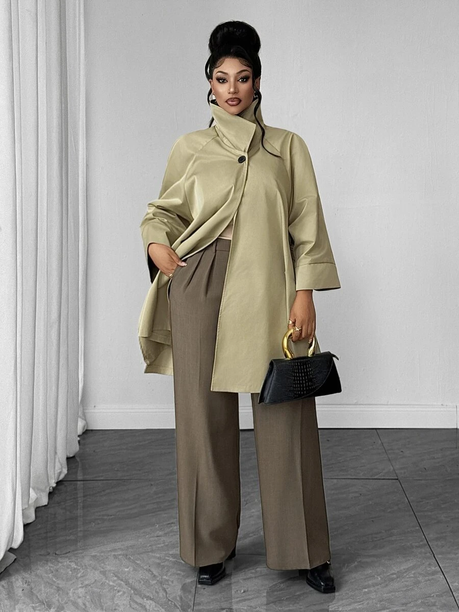 Maweii Plus Size Women's Side Slit 3/4 Sleeve Trench Coat Fall - Khaki - View 1