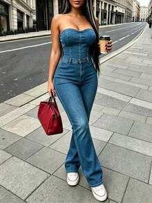 SHEIN LUNE Women's Blue Strapless Jumpsuit Two-Piece Set – Perfect For Street Style, Vacation, Festivals, And Sexy Club Nights; Suitable For All Seasons. - Blue - View 6