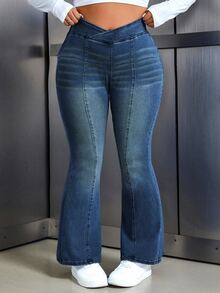 Jeanoix Plus Size Women's Asymmetrical Waist Casual Flare Jeans - Blue - View 5