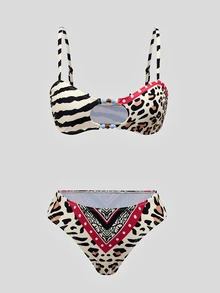 Zestiva Bộ bikini nữ đính hạt họa tiết ngựa vằn và báo đốm phối cut-out, gồm áo tam giác và quần dưới - Nhiều màu - Xem 1