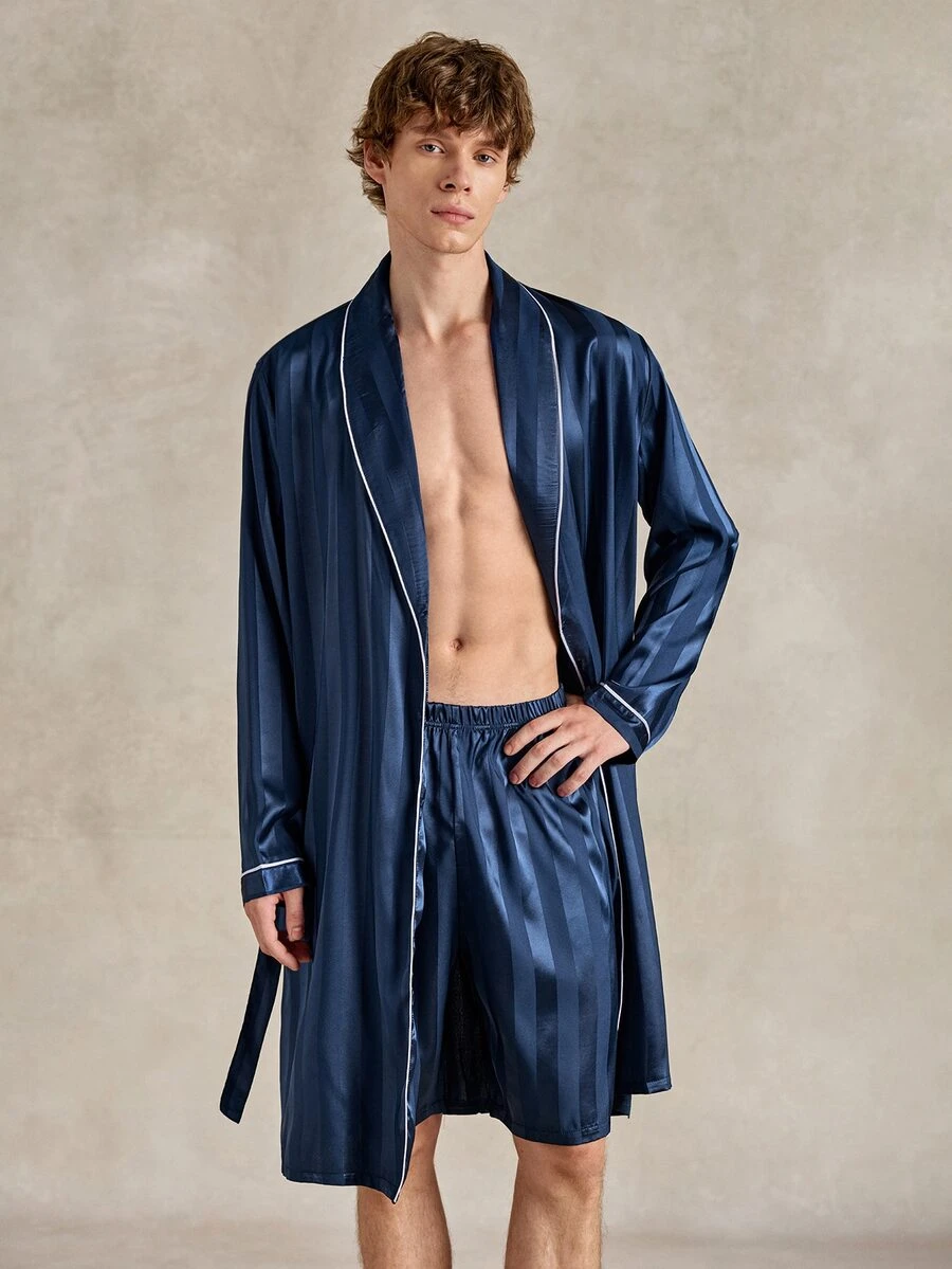 EverLounge 2pcs Satin Comfortable Minimalist Pajama Robe And Shorts Set For Men - Black - View 1