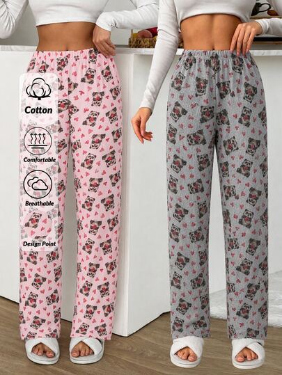 SHEIN 2pcs Panda & Heart Print Elastic Waist Casual Pajama Pants Set