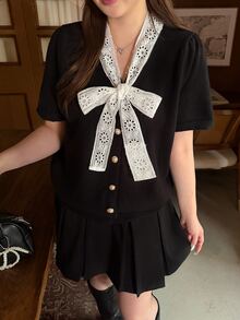 Bijouette Plus Size Lace Bow Knit Top, Puff Sleeve Single-Breasted Cropped Fitted Short Sleeve Cardigan With Bow Decor - Black and White - View 3
