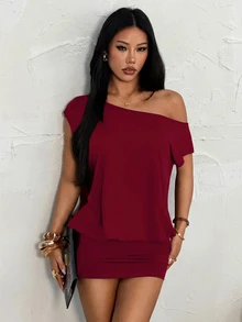 SHEIN PETITE 鏤空單肩短袖迷你洋裝，上鬆下緊，適合年輕女士 - 酒紅色 - 查看 5