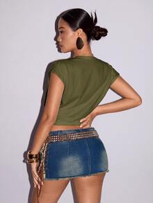 SHEIN ICON 女款深V領打結繆思風上衣 - 軍綠色 - 查看 3