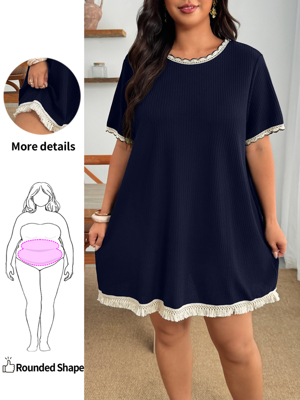 Enliva Gaun Kaos Longgar Kasual Leher Bulat Ukuran Plus untuk Wanita, Gaun Liburan Musim Panas yang Serbaguna.
