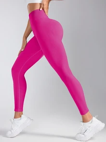 SHEIN Sports 女款純色極簡修身運動緊身褲 - 玫紅色 - 查看 4