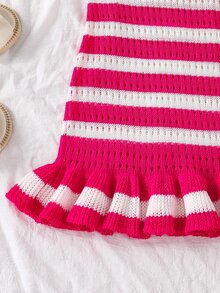 Girls' Perforated Beach Dress, Spaghetti Strap, Yellow And White Striped Color Block, Pleated Ruffle Hem, Cute Casual Versatile Summer Beach Vacation Dress - Hot Pink - View 3