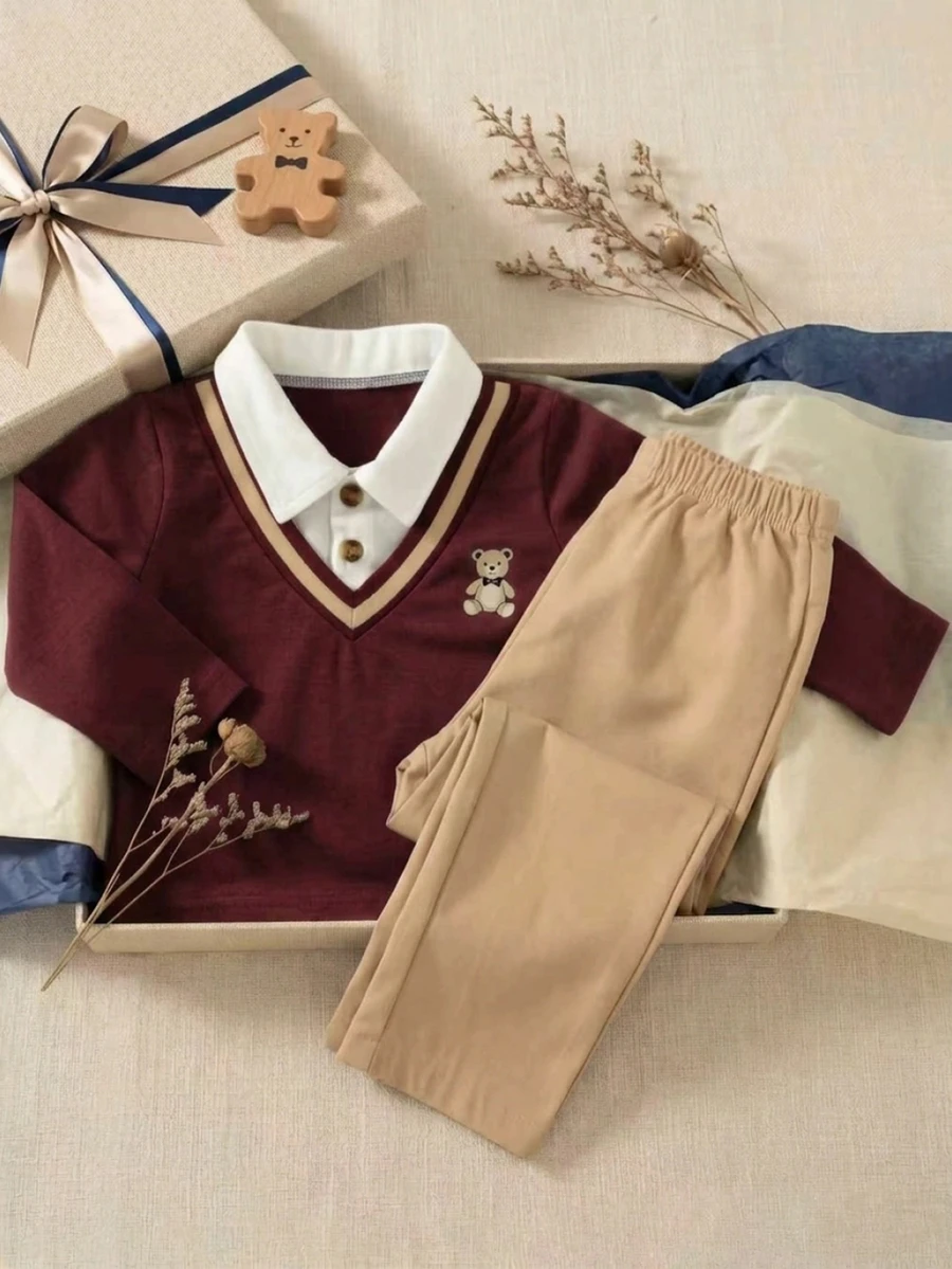 Souflis Souflis 1件男嬰套裝,針織長袖 Polo 2合1印花胸前衛衣上衣 + 鬆緊腰長褲,卡其色,秋季休閒套裝 - 彩色 - 查看 1