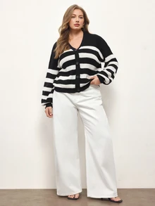 Maija Plus Size Autumn/Winter Casual Colorblock Striped Cardigan - Black and White - View 2