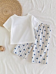 SHEIN Vintaside Kids 2件組男嬰可愛休閒短袖上衣與格紋長褲套裝，適合夏季與旅行 - 白色 - 查看 2