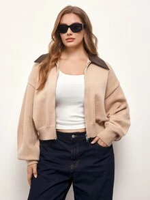 Maija Plus Size Minimalist Street Style Zipper Long Sleeve Knit Cardigan - Brown - View 4