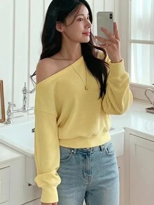 DAZY 女款寬鬆版型不對稱領長袖T恤 - 黃色 - 查看 5