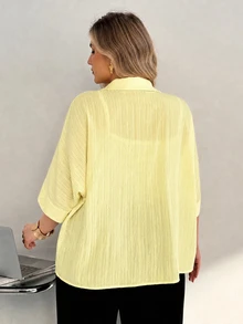 Auralis Plus Size Summer Casual Solid Color Batwing Sleeve Shirt - Light Yellow - View 2