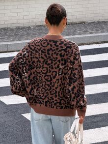 Muchica Women's Leopard Jacquard Knit Cardigan With White Frog Button Closures Oversized Long Sleeve Open Front Sweater Casual Y2K Streetwear For Going Out - Multicolor - View 2