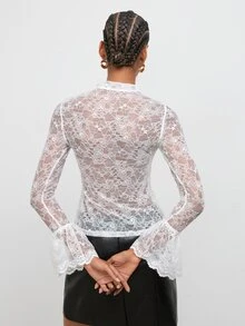 Maija 網眼底層修身透視蕾絲長袖上衣 T-shirt - 白色 - 查看 2