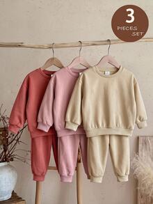 SHEIN LMoss Kids 女童 3 件組針織素色圓領寬鬆休閒秋季衛衣套裝 - 粉色 - 查看 9