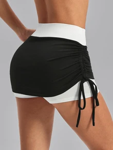 Slayform Rok Tenis Wanita Motif Blok Warna dengan Kontrol Perut, Desain Tali Serut Samping, Celana Pendek Terintegrasi, Rok Olahraga Jala Seksi - Hitam dan Putih - View 2