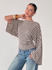 Siren Gaze Women's Boat Neck Batwing Long Sleeve Striped T-Shirt, Autumn New Style - Brown - View 4