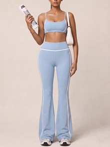 SHEIN BAE Women Light Blue High Waist Flare Leggings Tummy Control Gym Workout Training Running Yoga Athletic Pants - Baby Blue - View 8