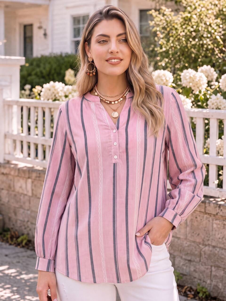 Plus Size Women's Autumn/Winter Casual Vacation Country Elegant Long Sleeve Pink Striped Shirt Blouse Top Shirt,Fall,Office Business,Going Out Outfit