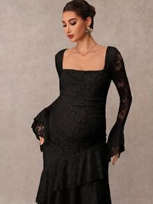 MaterniChic Elegant Solid Color Lace Ruffle Maternity Party Dress Fall - Black - View 7