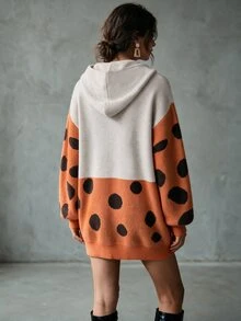 Balvessa Contrast Color Patchwork Large Polka Dot Hooded Drop Shoulder Lantern Long Sleeve Ribbed Hem Loose Minimalist Versatile Slouchy Women's Sweater Dress - Multicolor - View 2