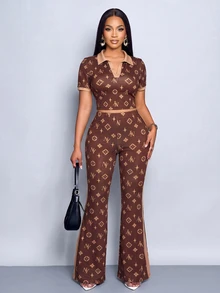 SOLERSUN Two Pieces Set Of Brown Printed Short-Sleeved Polo Shirt And Trousers With Contrasting Color Collar. Going Out Summer Streetwear Graphic - Coffee Brown - View 6