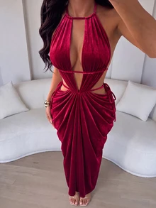 SOLERSUN Women's Halter Neck Ruched Velvet Draped Slim Fit Evening Dress With Waist Cutout And Back Tie Design - Red - View 5